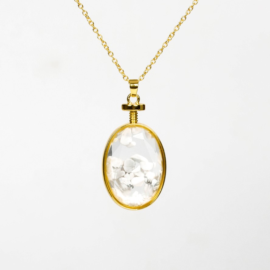 Crystal Chips In Oval Glass Pendant Necklace